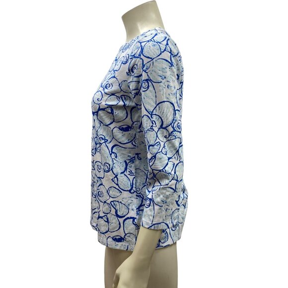 Talbots Womens 3/4 Sleeve Blue & White Seashell Print Top Cotton Blend Md - Picture 4 of 6